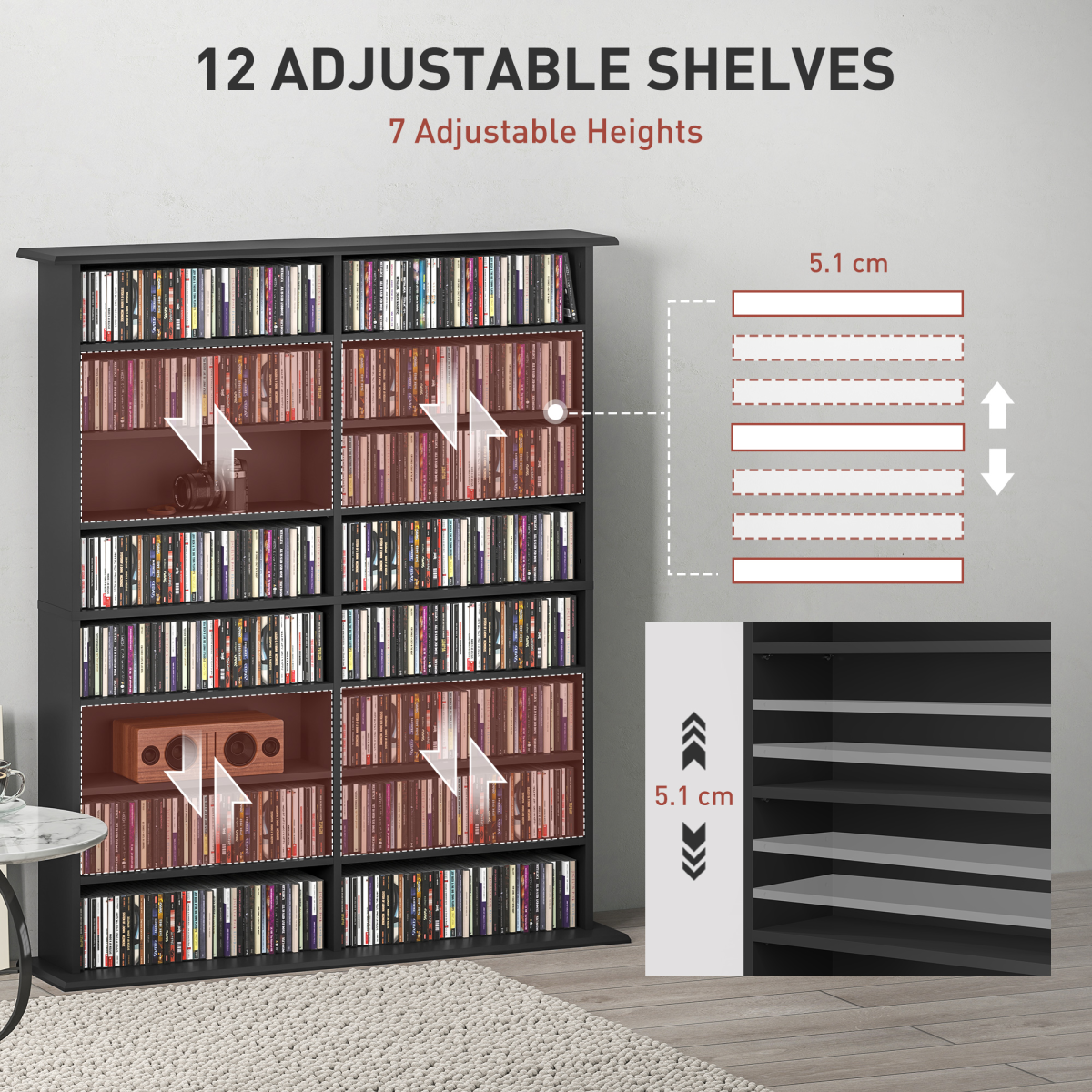 HOMCOM CD and DVD Storage Tower – Holds 720 CDs or 396 DVDs/Blu-rays, Black