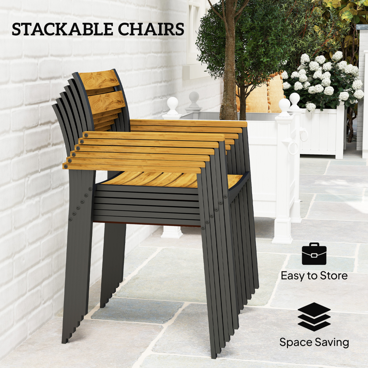 Outsunny 7 Piece Garden Dining Set with Table & 6 Stackable Chairs, Parasol Hole – Steel & Fir Wood, Brown