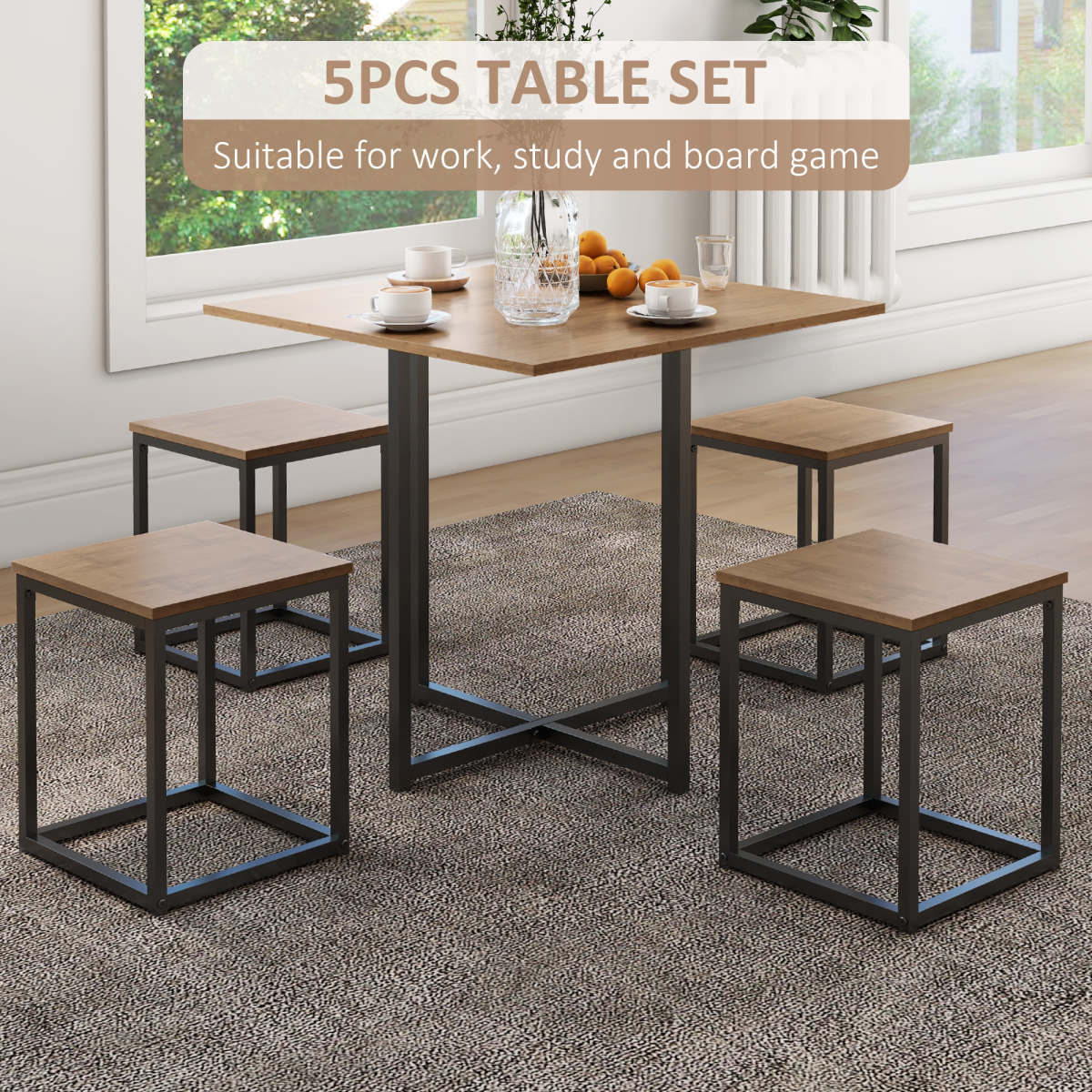 HOMCOM Industrial 5-Piece Dining Set with Table and 4 Stools, Steel Frame – Space-Saving Kitchen Set, Black/Brown