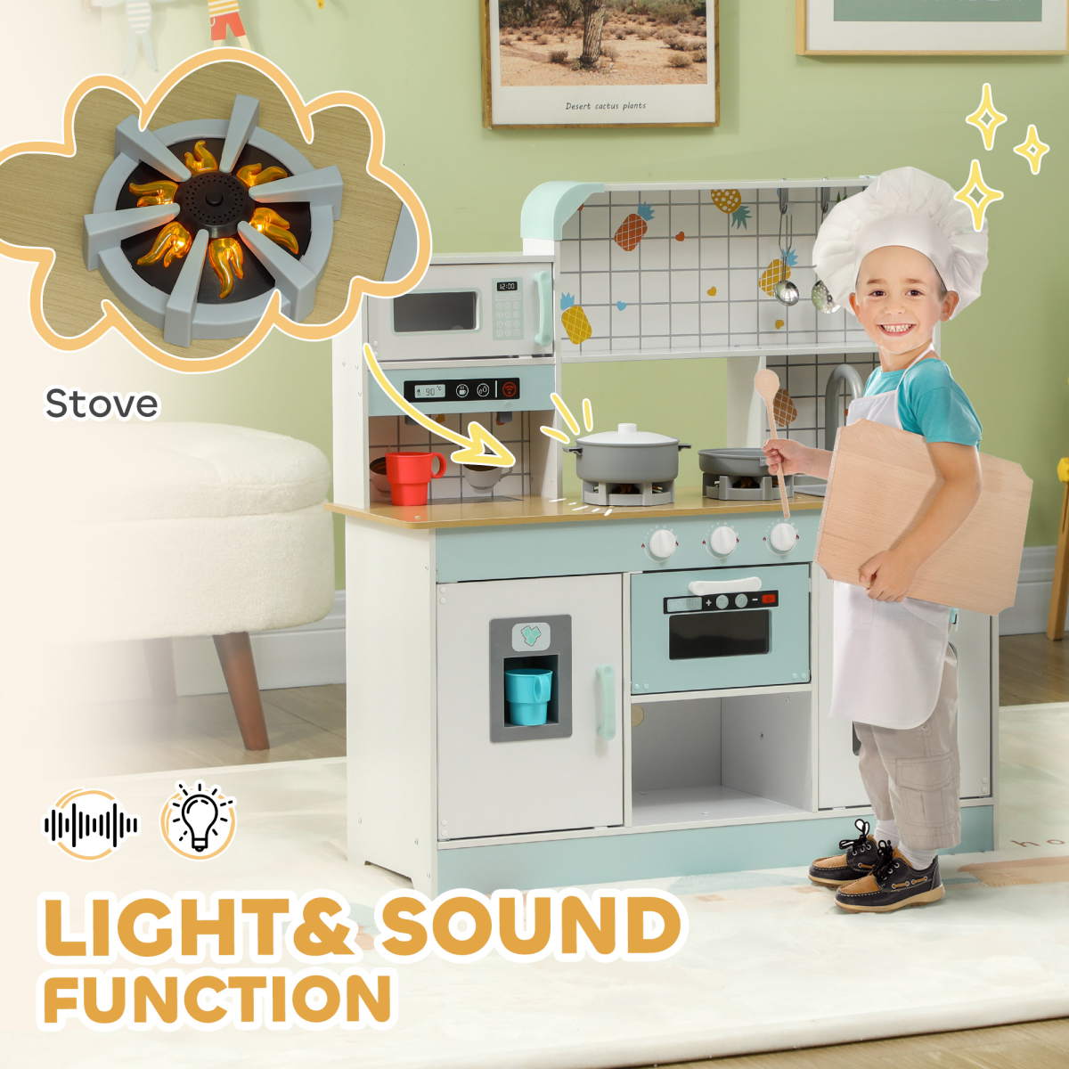 AIYAPLAY Toy Kitchen with Lights & Sounds, Coffee Machine & Ice Maker – Kids Role Play Set, White & Blue