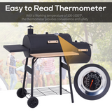 Outsunny Charcoal BBQ Grill with Offset Smoker, Lid Thermometer, Shelves & Wheels – Portable Steel Garden Barbecue