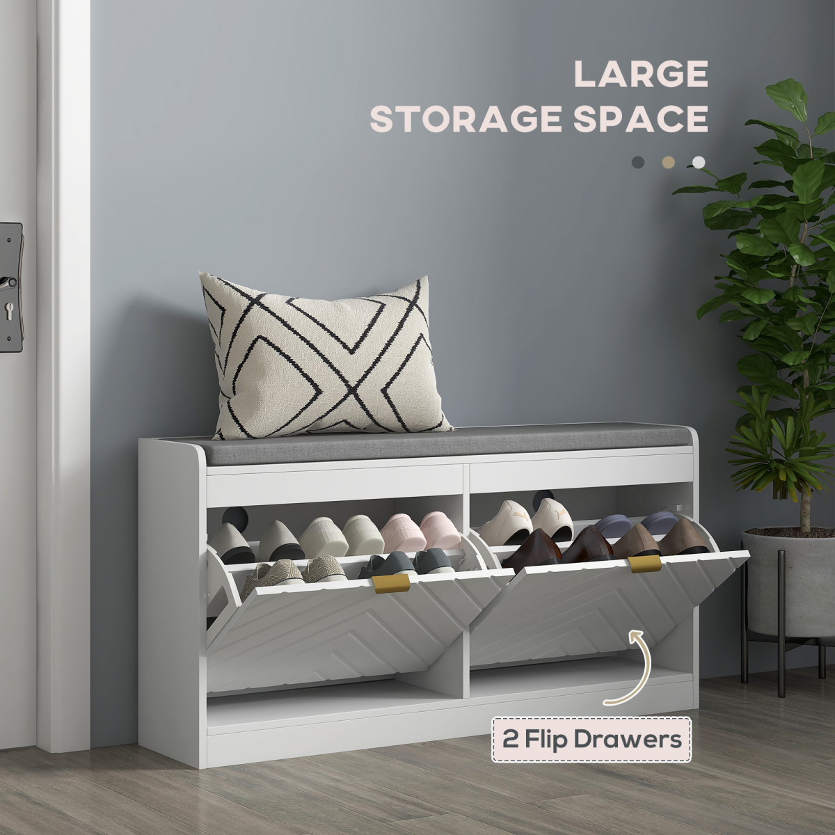HOMCOM Shoe Bench with 2 Flip Drawers & Padded Cushion – 8 Pairs Hallway Seating & Storage, White
