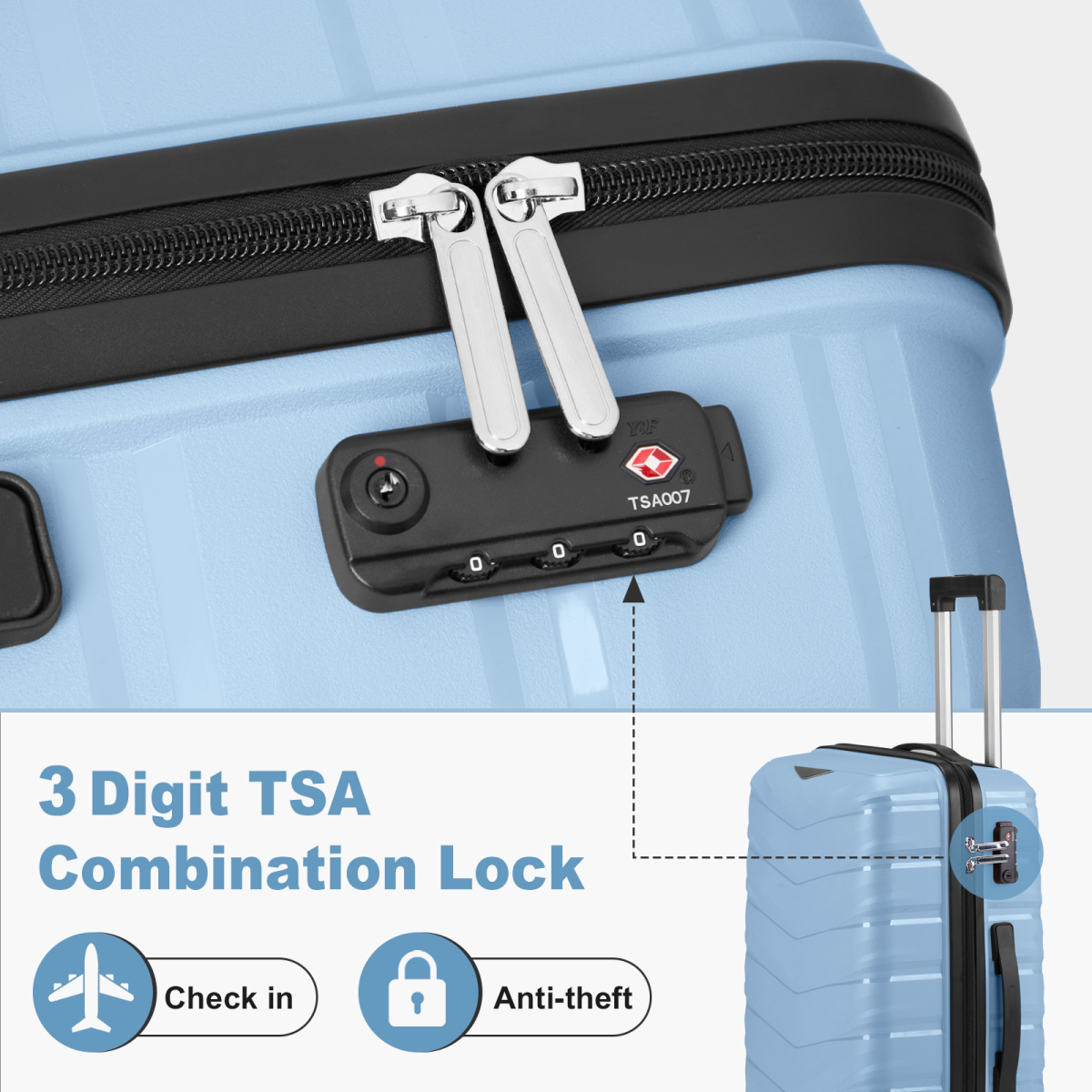 2-Piece Luggage Set with 20" Trolley Case and 14" Hand Case, V-Stripe PP Shell, Sky Blue