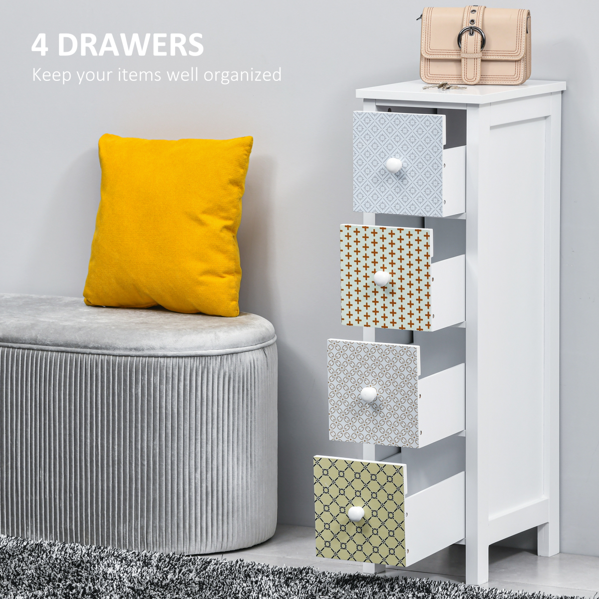 HOMCOM 4-Drawer Storage Cabinet with Patterned Drawers & Anti-Tipping Straps – Slim Tallboy for Bedroom
