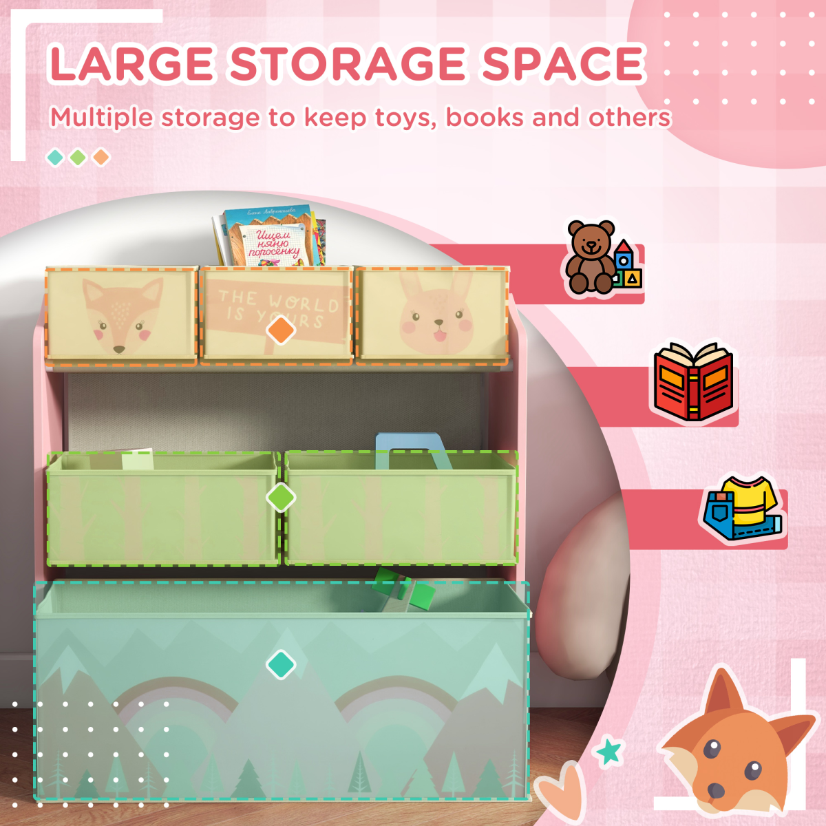 ZONEKIZ Kids Storage Unit with 6 Boxes – Children's Toy Storage Organiser for Ages 3-8, Pink
