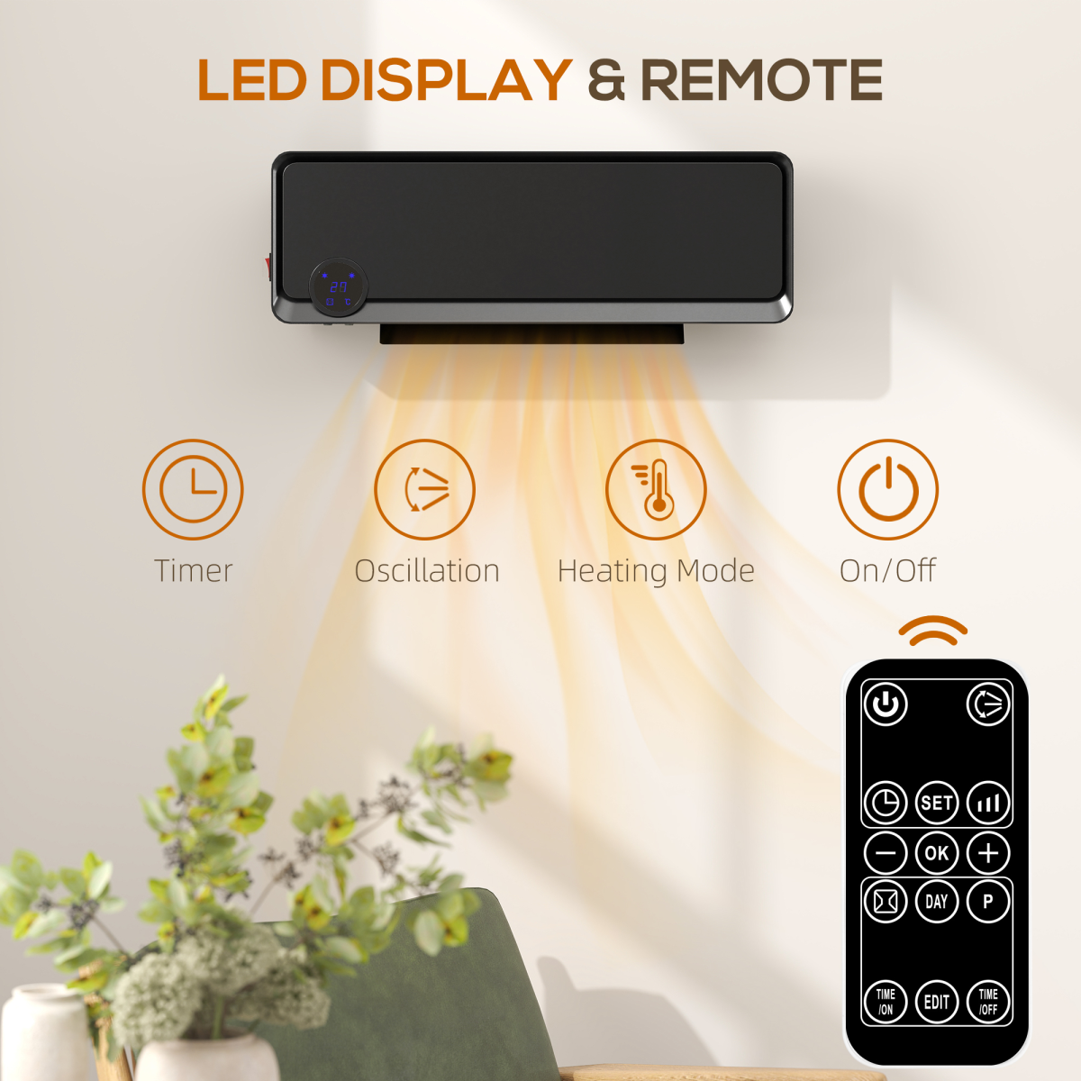 HOMCOM 1000W/2000W Wall Downflow Heater with 12-Hour Timer & Remote – 10-49°C, 30° Oscillation, Black