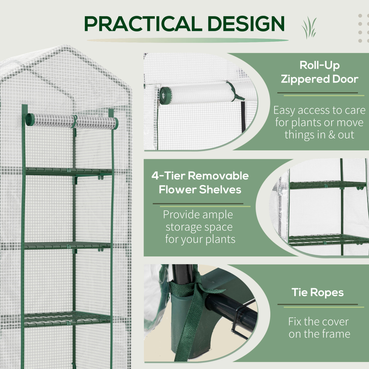 4-Tier Mini Greenhouse with Zipped Roll-up Door – Steel Frame Plant Grow House, 70 x 50 x 160cm, Dark Green & White