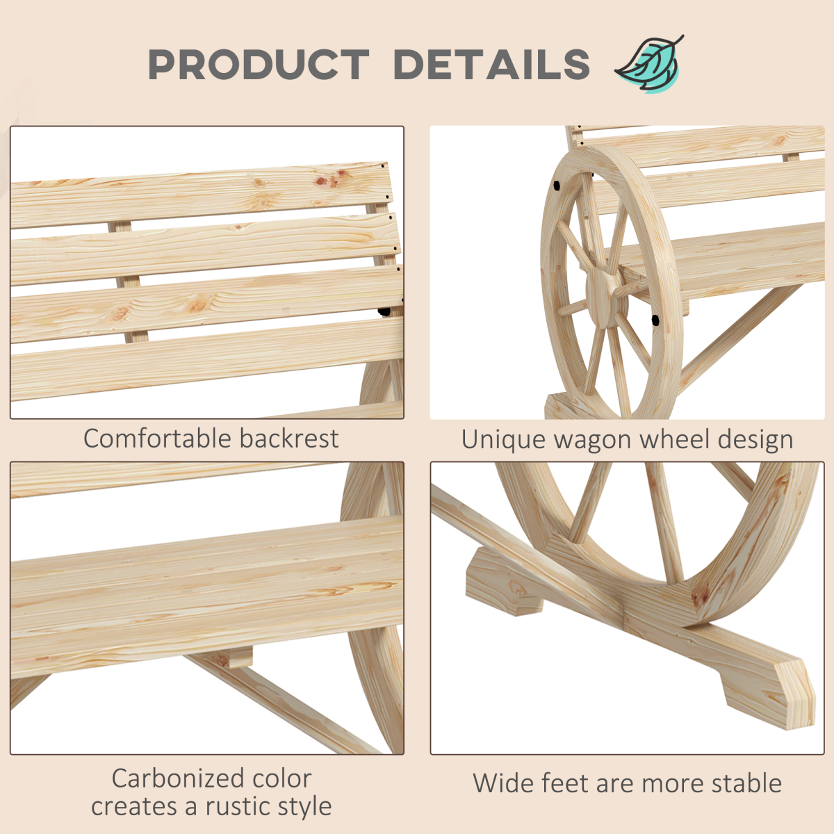 Outsunny 2-Seater Solid Fir Wood Garden Bench with Wagon Wheel Armrests and High Back – Outdoor Loveseat, Natural