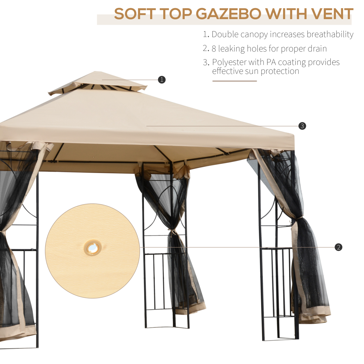 Outsunny 3x3m Outdoor Gazebo Tent with Net Curtains, Two-Tier Roof & Powder-Coated Steel Frame – Garden Shade