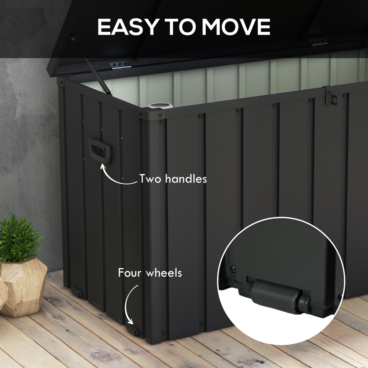 Outsunny 450L Waterproof Outdoor Storage Box with Wheels, Handles & Air Pump Lid – Garden Storage, Dark Grey
