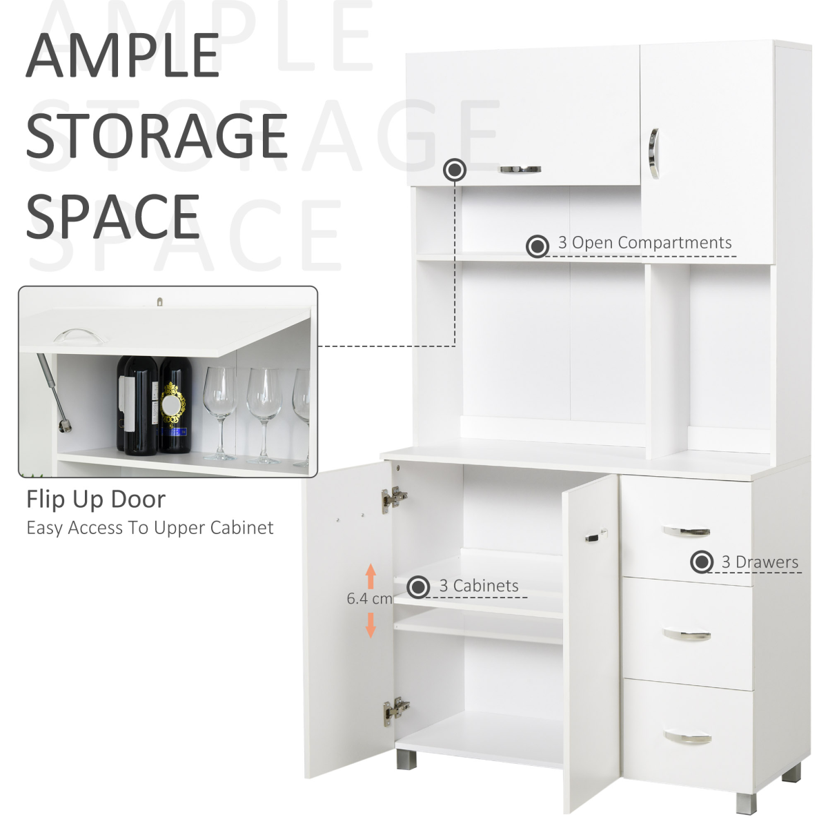 Freestanding Kitchen Storage Cabinet with Cupboards, Drawers & Open Shelf – Versatile Kitchen Unit, White