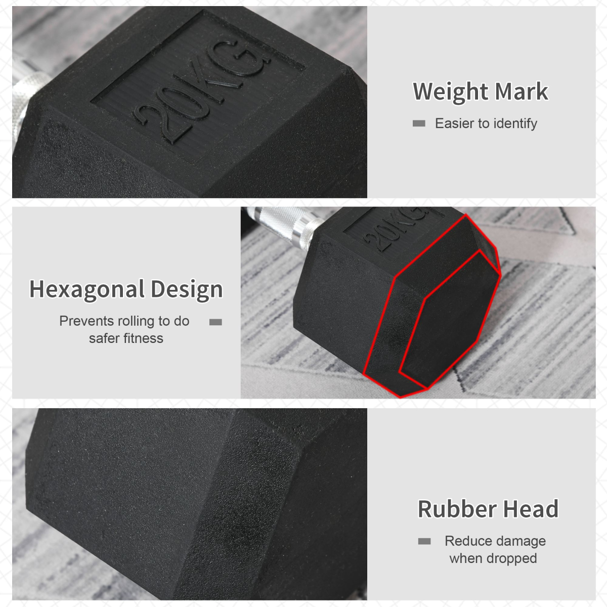 HOMCOM 20kg Single Rubber Hex Dumbbell with Knurled Steel Handle – Anti-Roll Hand Weight for Home Gym
