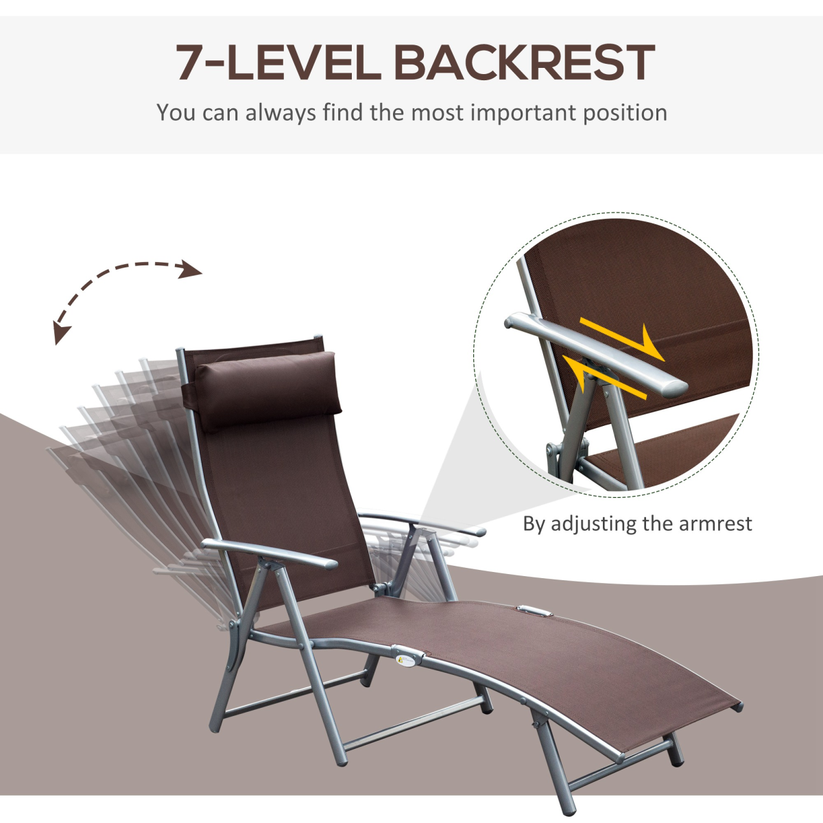 Outsunny Heavy-Duty Foldable Sun Lounger with 7-Level Recline & Pillow, Steel Frame, Texteline – Brown