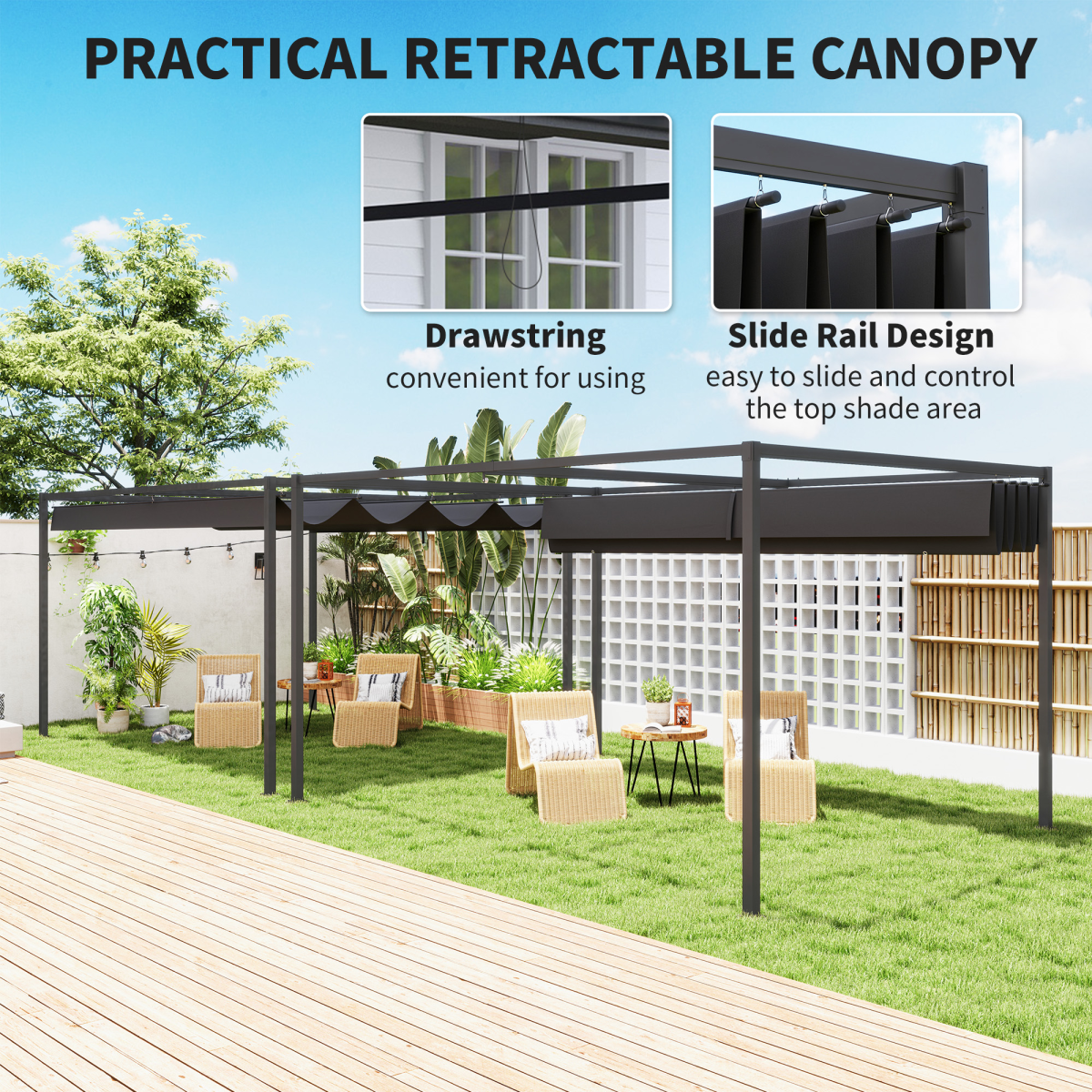 Outsunny 4 x 3m Metal Pergola Gazebo with Retractable Canopy – Patio Sun Shelter, Black