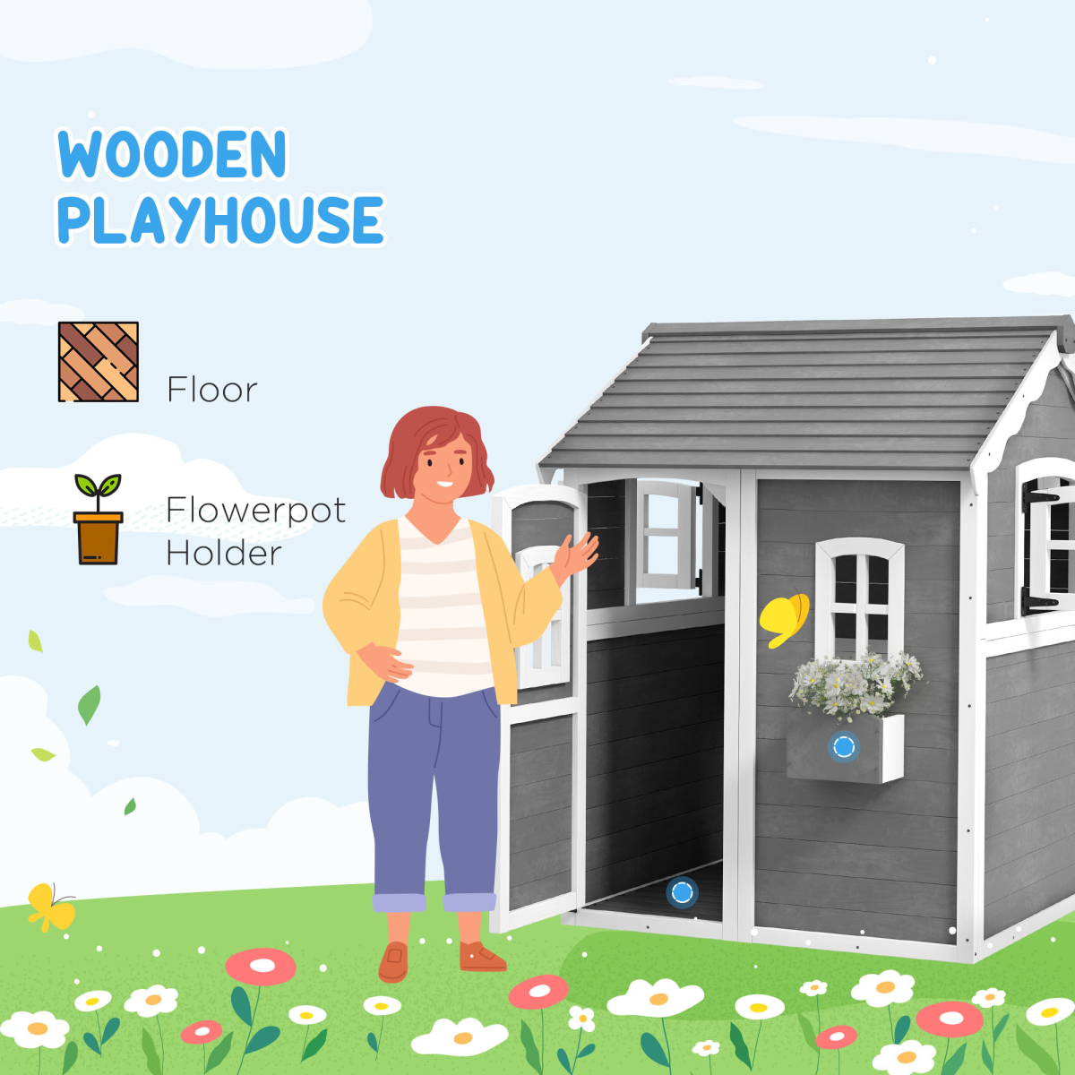 Outsunny Wooden Wendy House for Kids with Floor, Windows & Plant Box – Garden Playhouse, Grey