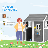 Outsunny Wooden Wendy House for Kids with Floor, Windows & Plant Box – Garden Playhouse, Grey