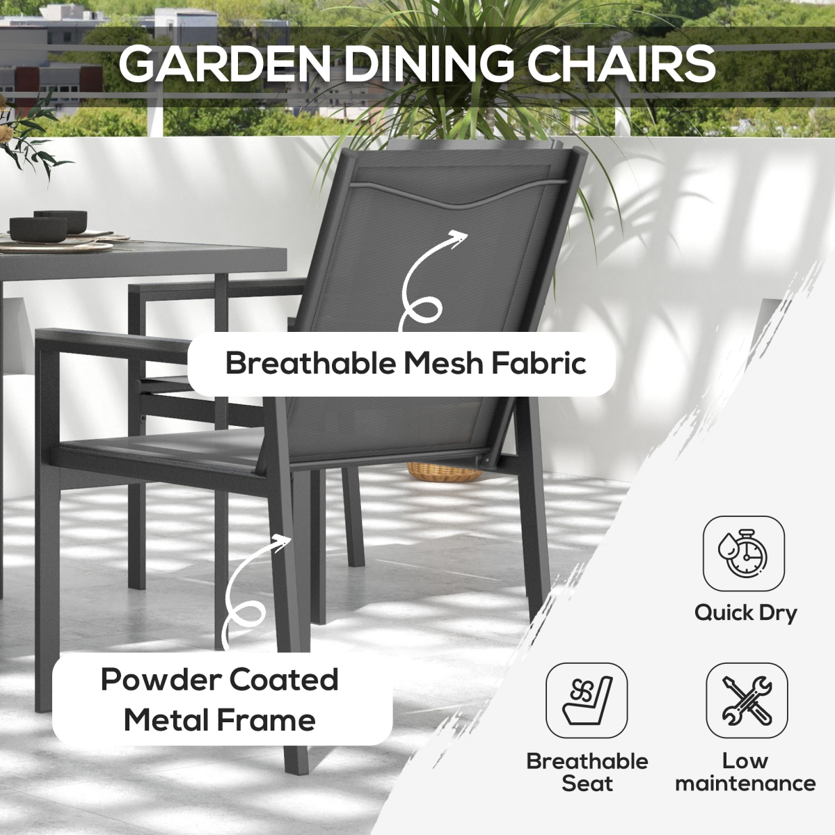 Outsunny 5-Piece Garden Dining Set with Tempered Glass Table and 4 Mesh Chairs – Patio Furniture, Grey