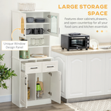 HOMCOM 168cm Kitchen Storage Cabinet with Glass Doors, Two Shelves & Drawers, Open Counter – Anti-Tipping, White