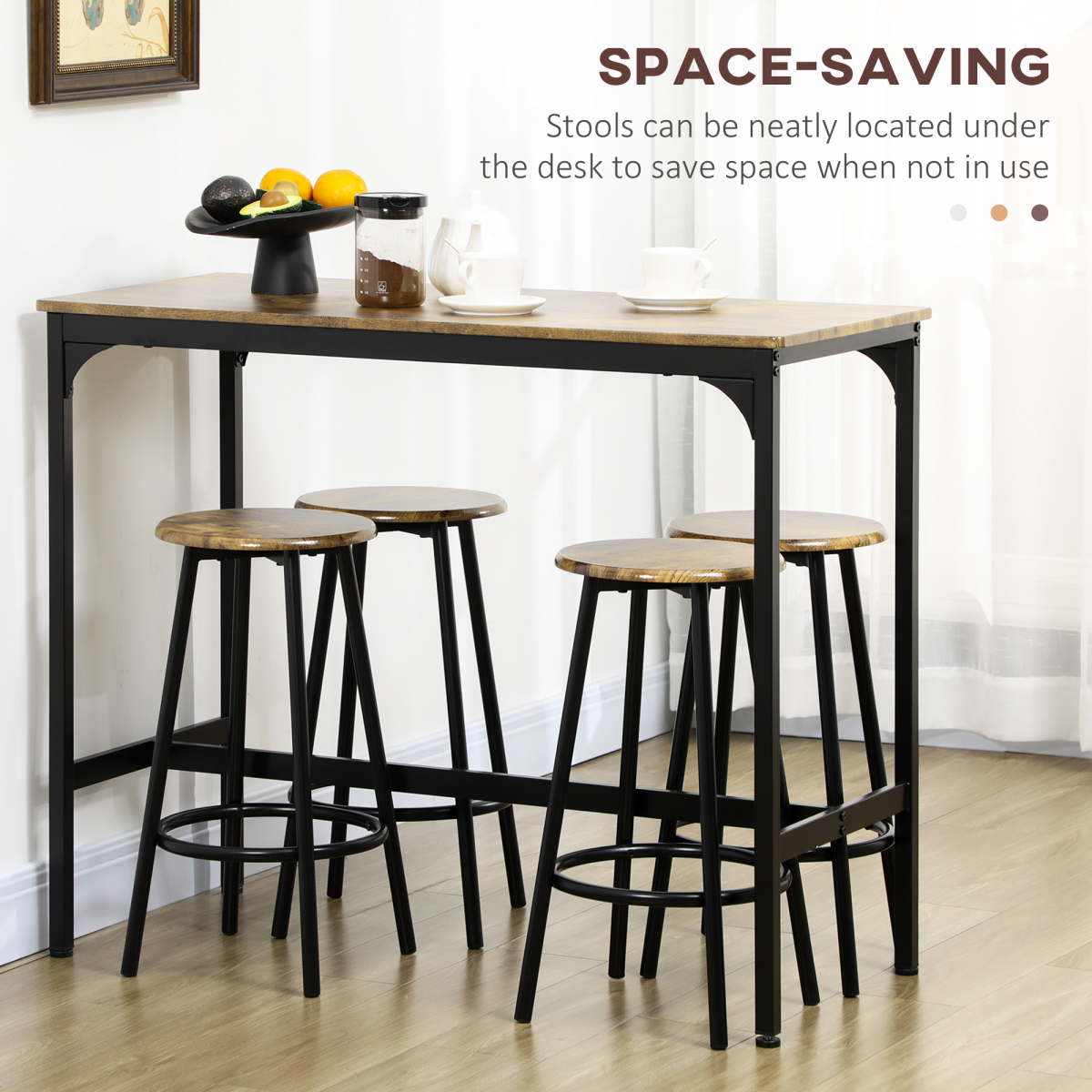 5-Piece Bar Table and Stool Set with 4 Stools – Space-Saving Pub Dining Set, Rustic Brown and Black