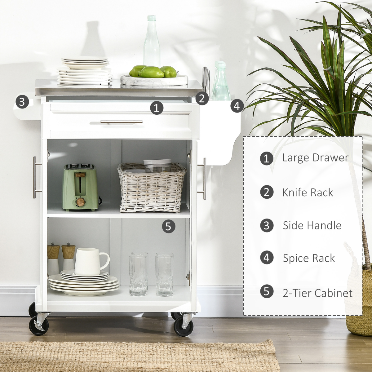 Rolling Kitchen Cart with Drawer, Cabinet, Towel Rail & Knife Rack – White Steel Kitchen Storage Trolley