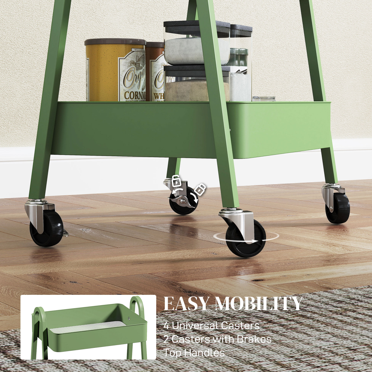 HOMCOM 3-Tier Rolling Utility Cart with Mesh Trays – Kitchen Storage Trolley, Green