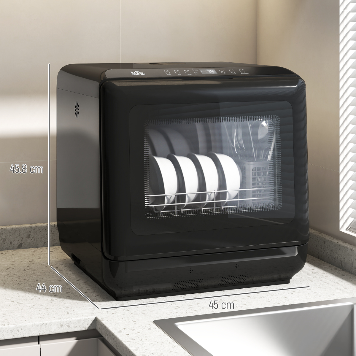 Compact Countertop Dishwasher with 5 Wash Programmes, 4 Place Settings & LED Display – Black