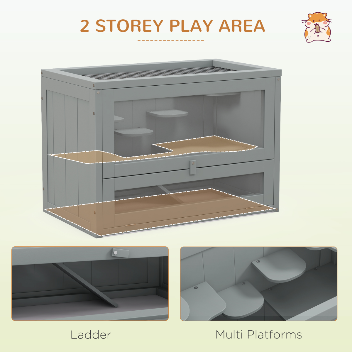 PawHut 2-Level Wooden Hamster Cage with Platforms, Ramp & Openable Mesh Roof – Small Animal Hutch, Grey