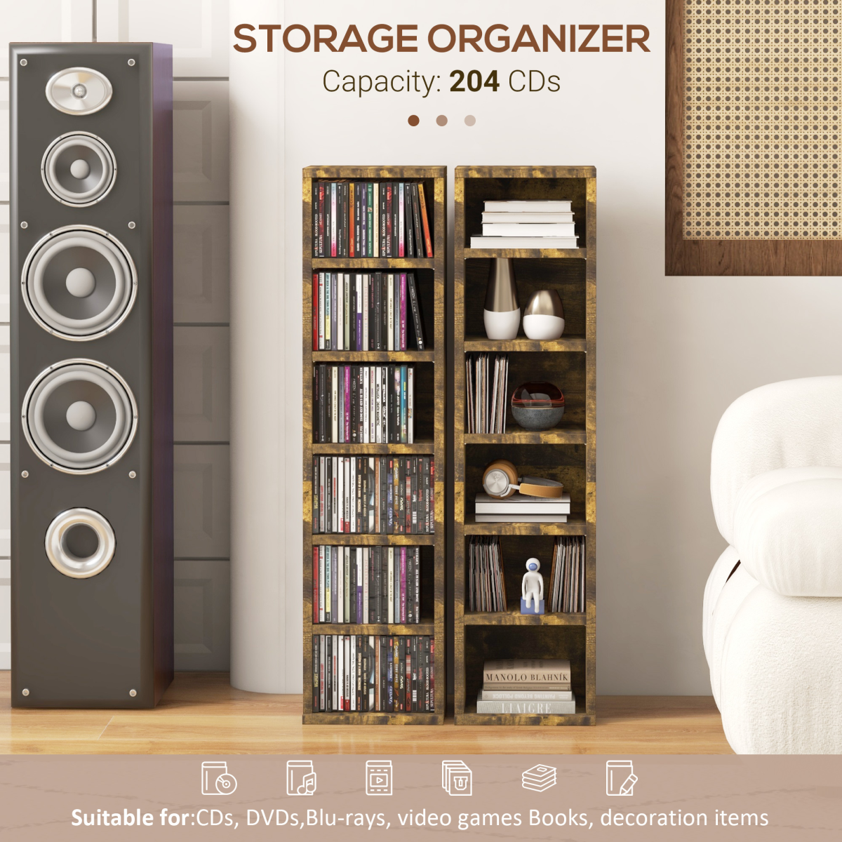 HOMCOM Set of 2 CD & Media Tower Racks with Adjustable Shelves – DVD & Games Storage, Rustic Brown