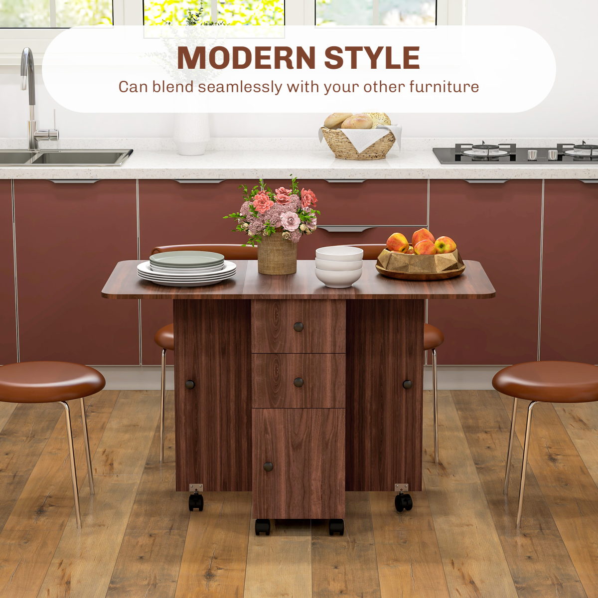 HOMCOM Folding Drop Leaf Dining Table with Drawers, Cupboard & Shelf – Space-Saving Kitchen Table, Distressed Brown