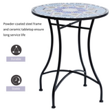 Outsunny Mosaic Round Patio Side Table with Ceramic Top, 60cm – Metal Frame Garden Table, Black/Blue/White