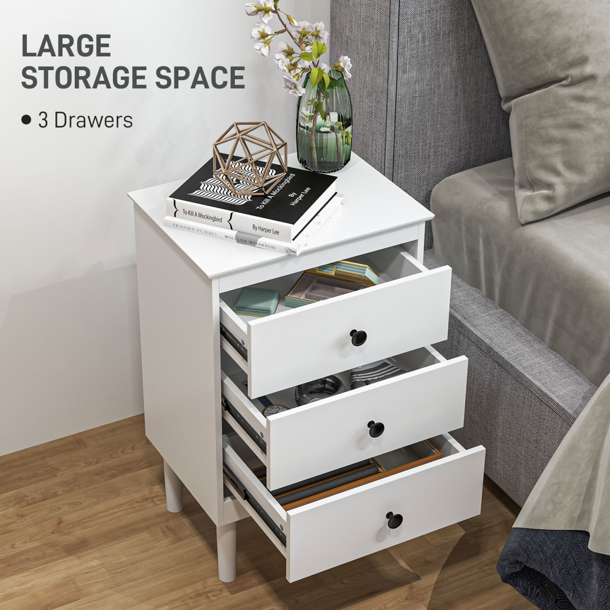 HOMCOM Set of 2 White Bedside Tables with 3 Drawers Each – Bedroom Storage Cabinets with Anti-Tip Straps