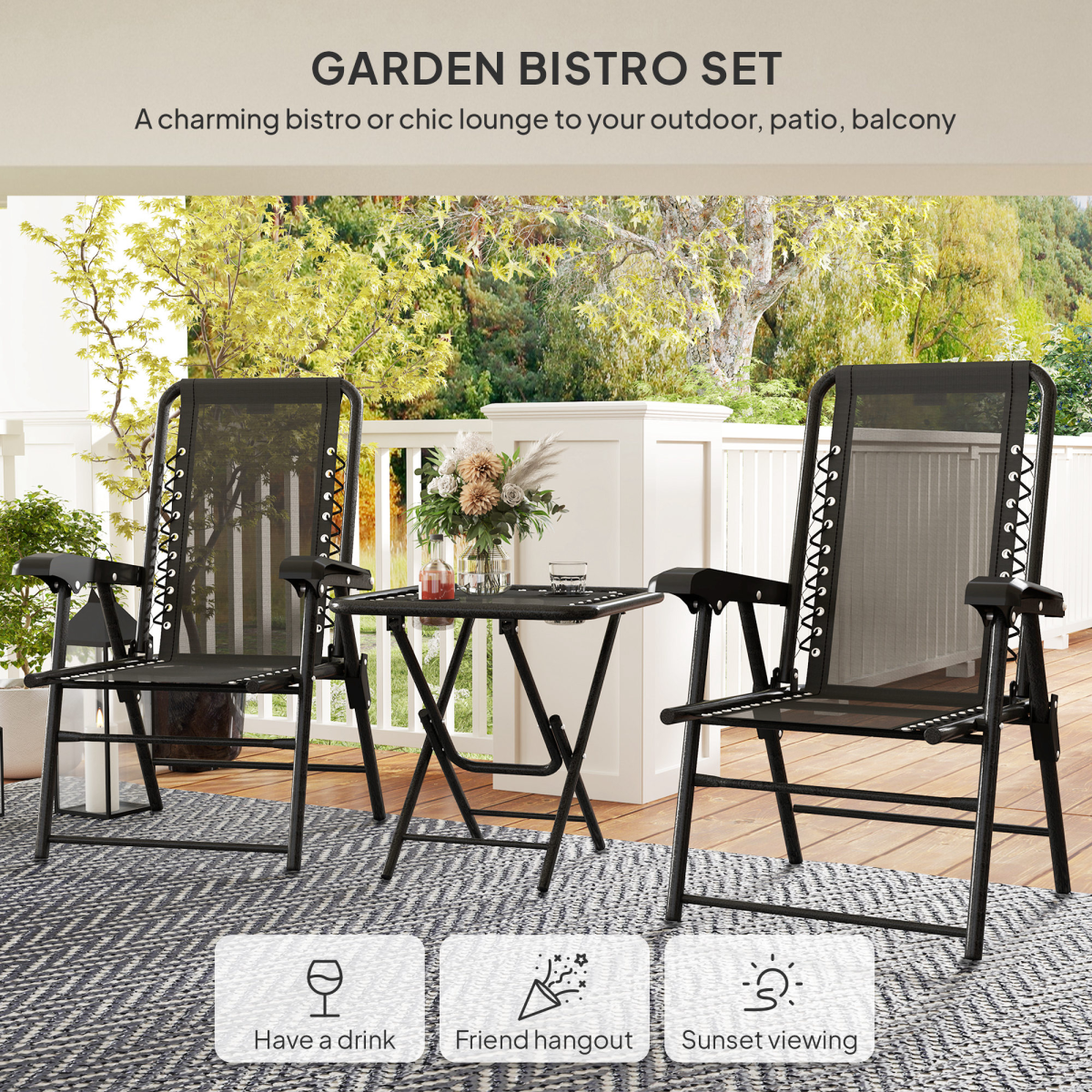 Outsunny 3 Piece Folding Garden Bistro Set with 2 Chairs, Table & Cup Holders – Texteline Seats, Black