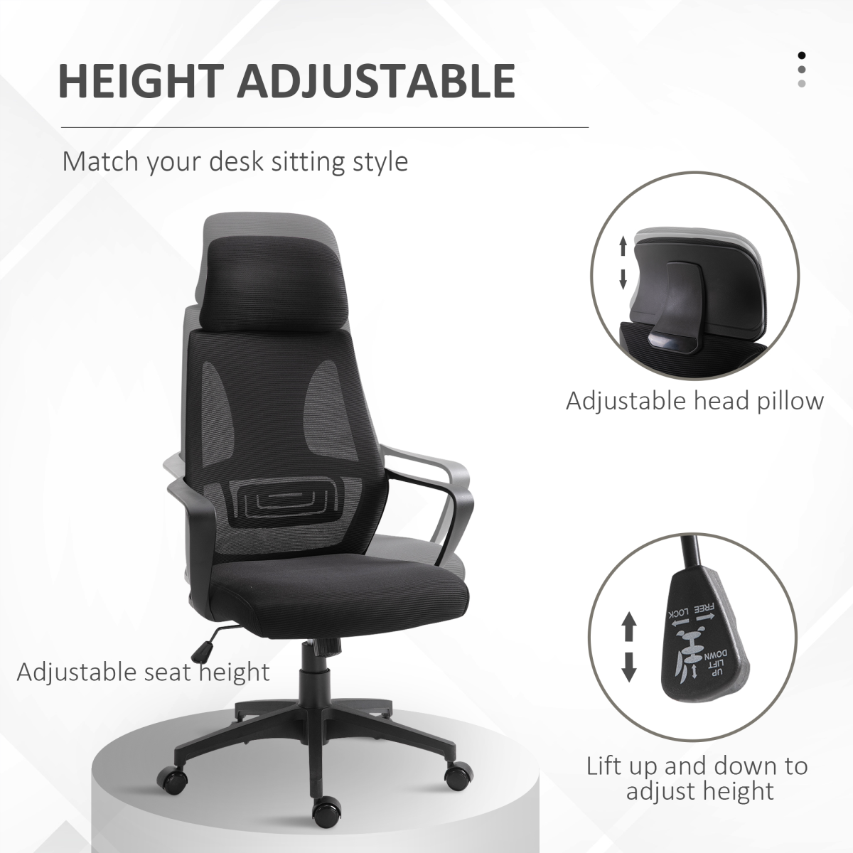 Mesh Back Office Chair with Adjustable Padded Headrest, Wide Seat & 360° Swivel – Home Office Chair, Black