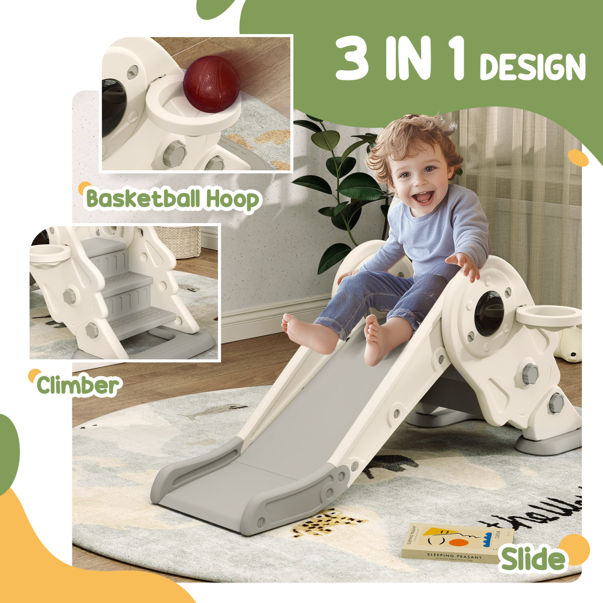 AIYAPLAY 3-in-1 Kids Slide with Basketball Hoop & Climber – Space Theme Foldable Play Set, Cream White