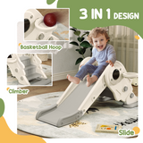 AIYAPLAY 3-in-1 Kids Slide with Basketball Hoop & Climber – Space Theme Foldable Play Set, Cream White