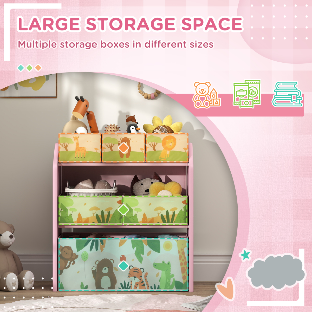 AIYAPLAY Kids Toy Storage Unit with 6 Fabric Boxes – Pink 3-Tier Playroom Organiser