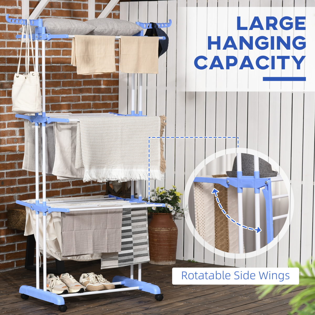 HOMCOM Foldable Three-Tier Clothes Drying Rack with Casters and Brakes – Steel Garment Airer, Blue
