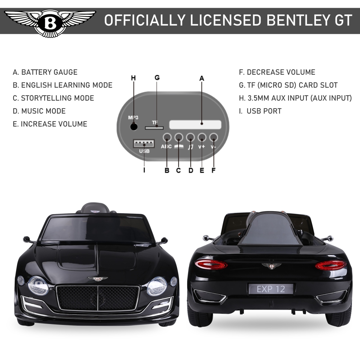 HOMCOM Bentley-Style Electric Ride-On Car with LED Lights, MP3 Player & Parental Remote Control – Kids Car, Black