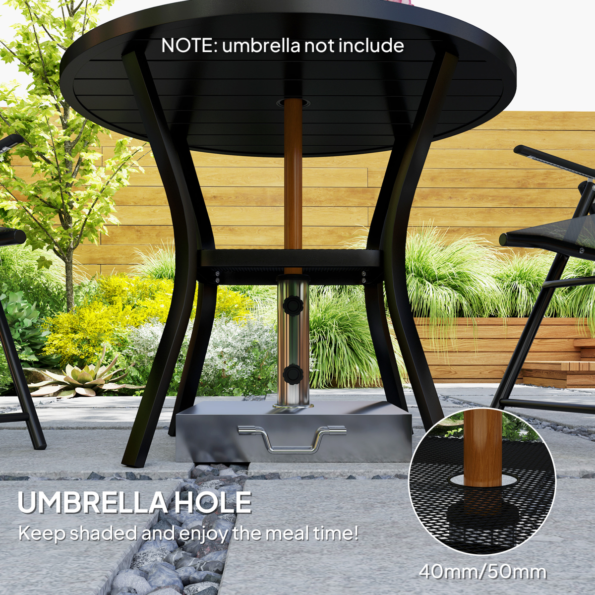 Outsunny 90cm Round Garden Dining Table with Parasol Hole – Slatted Steel Patio Table for 4, Black