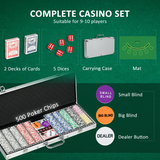 SPORTNOW 500-Piece Poker Chip Set with Mat, Aluminium Case & Two Card Decks – Game Night Kit for up to 10 Players