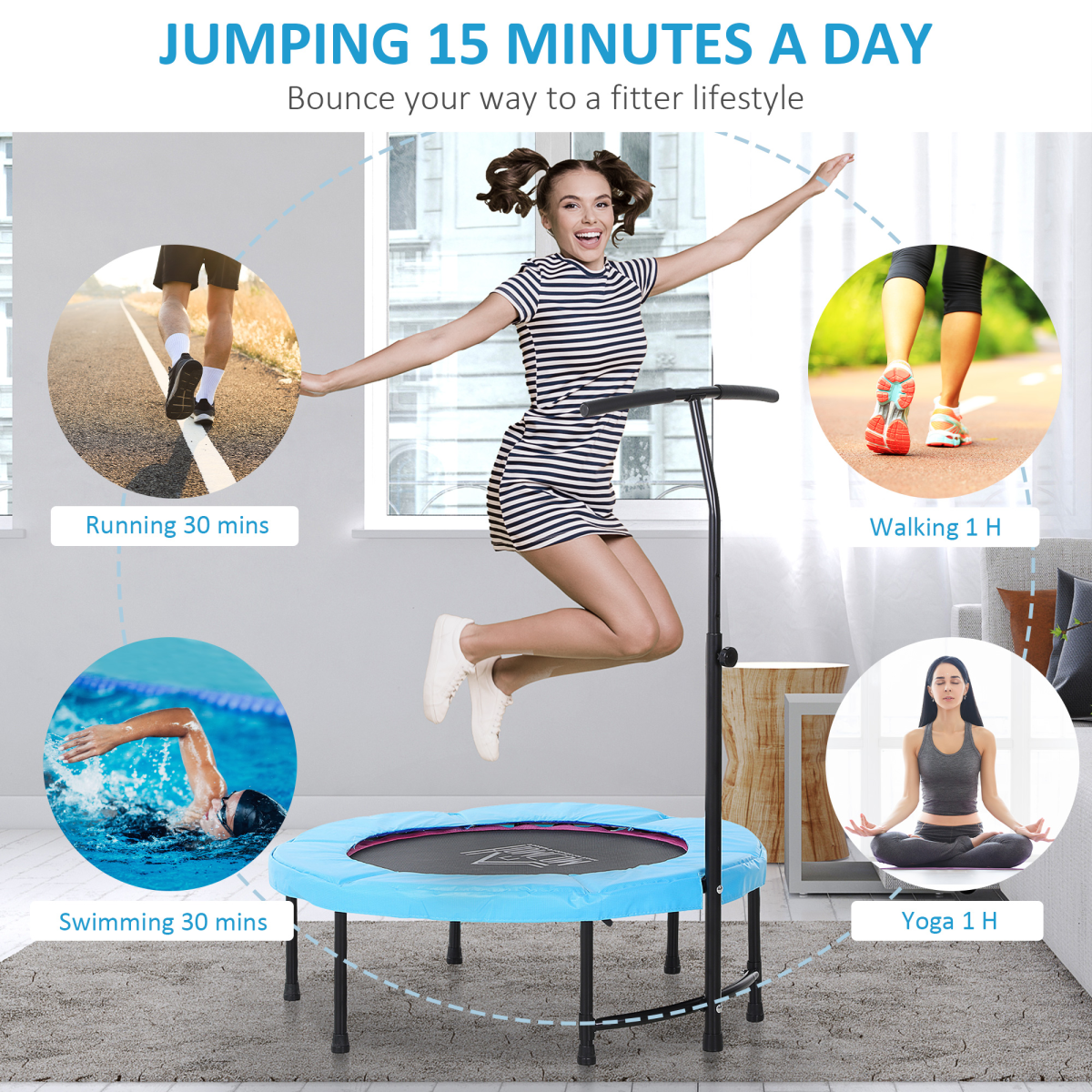 HOMCOM 40" Mini Trampoline with Adjustable Handle – Fitness Rebounder for Kids & Adults, Indoor & Outdoor