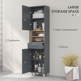 HOMCOM Bathroom Storage Unit with Two Cabinets, Open Shelves & Drawer – Freestanding Tall Cabinet, Grey
