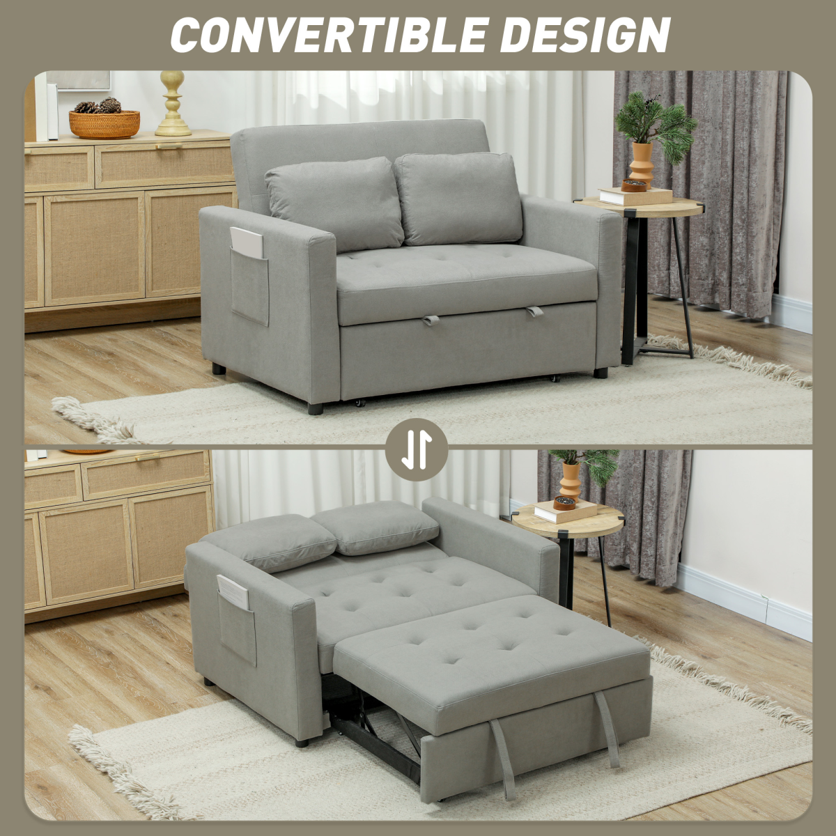 HOMCOM Click-Clack 2 Seater Sofa Bed with Cushions & Side Pockets – Space-Saving Guest Bed, Grey