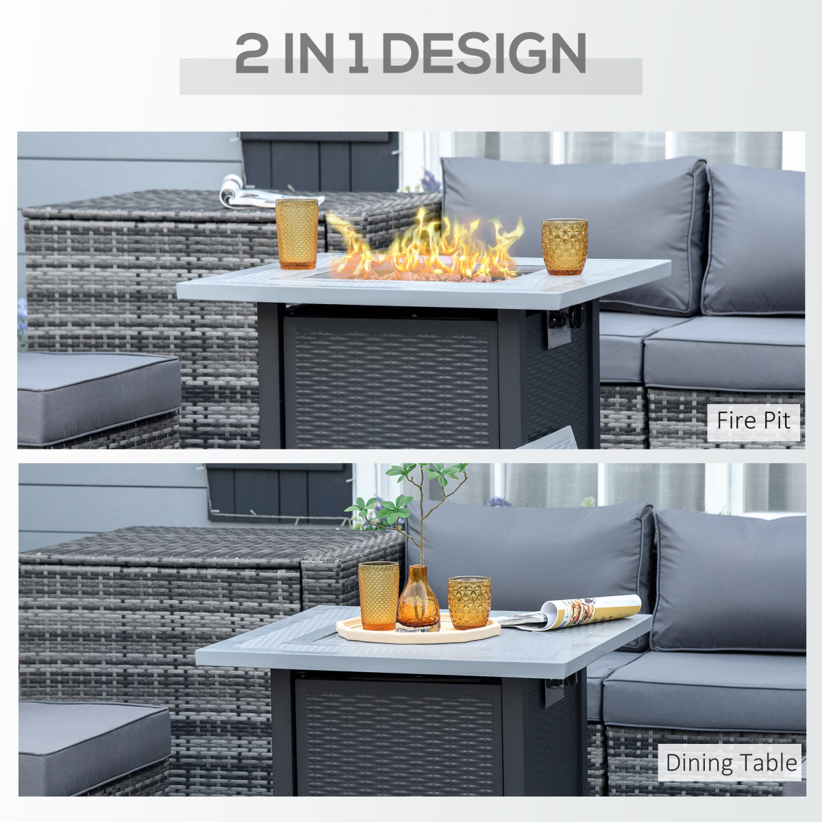 Outsunny Square Rattan Propane Gas Fire Pit Table with Lava Rocks and Lid – 40,000 BTU Patio Heater