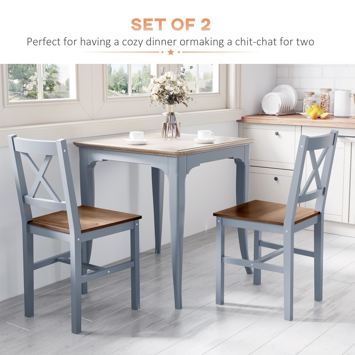 HOMCOM Pine Wood Cross Back Dining Chairs, Set of 2 – Farmhouse Style Kitchen Seating, Grey