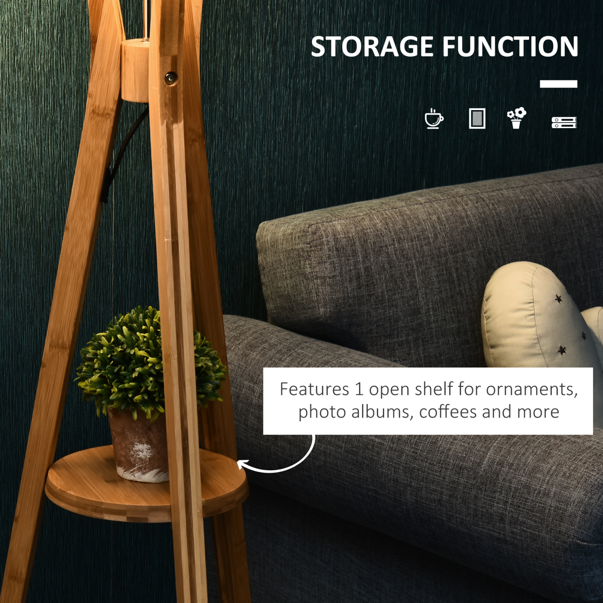 HOMCOM Tripod Floor Lamp with Fabric Shade & Built-In Storage Shelf – Living Room Standing Light, Grey