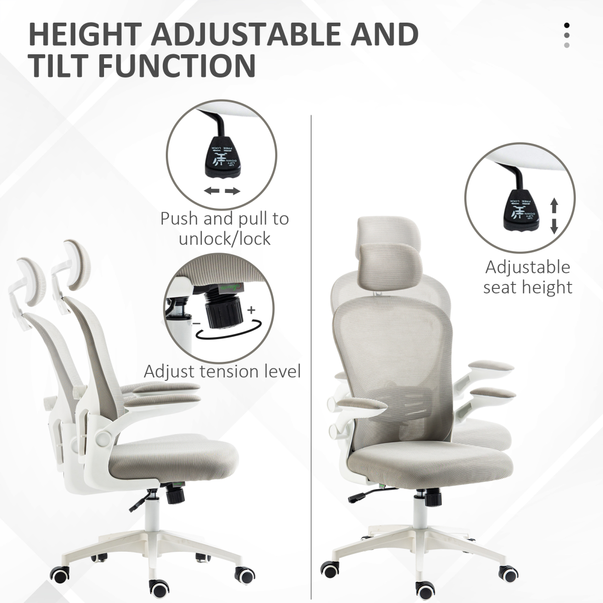 Vinsetto Ergonomic Mesh Office Chair with Rotating Headrest, 4D Lumbar Support & Flip-Up Arms – Grey