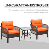 Outsunny 3-Piece Rattan Bistro Set with Tempered Glass Table & Padded Cushions – Patio Garden Furniture, Orange