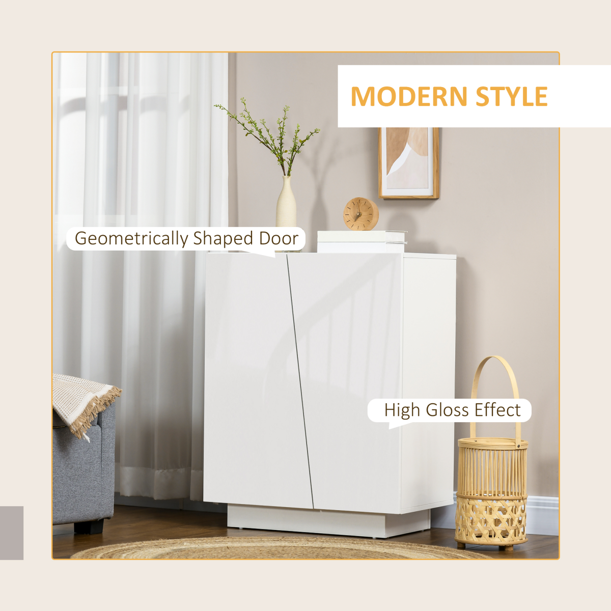 HOMCOM High Gloss Storage Cabinet Sideboard with Diagonal Doors & Internal Shelf – Modern Storage, White