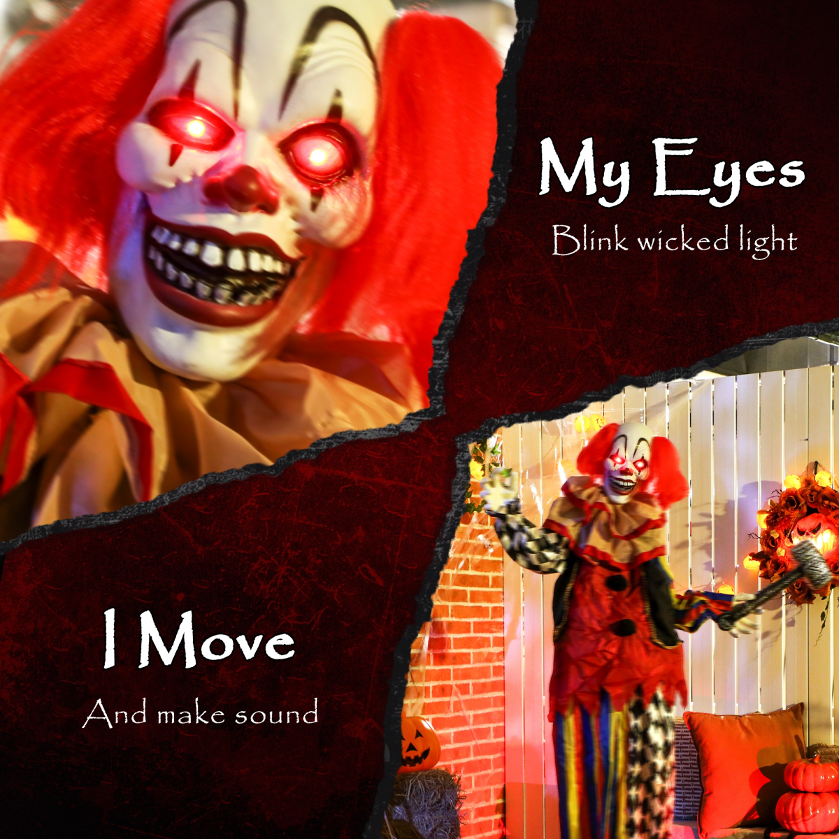 Outsunny Sound Activated Halloween Animatronic Clown – 173 cm Life-Size with Red Light-Up Eyes, Multi-Coloured